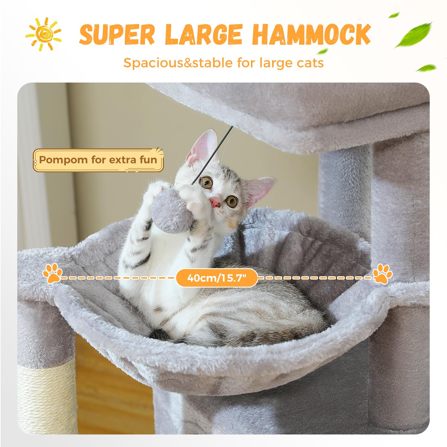 Pawz Road Large Cat Tree, 41 Inches Multi-Level Cat Tower With 2 Spacious Condos For Indoor Cats, Large Cat House With Comfy Ham